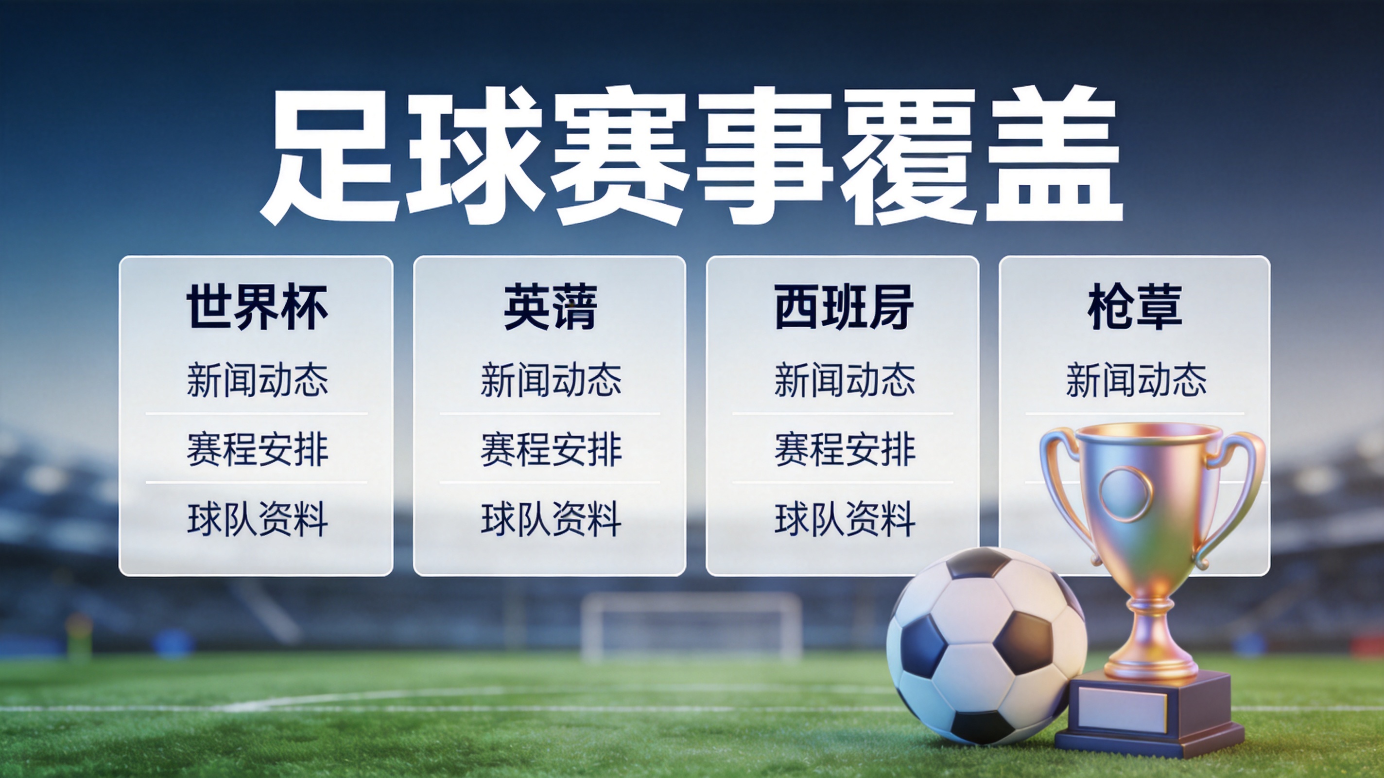 足球赛事覆盖模块：世界杯、英超、西甲与欧冠的赛事分类入口示意